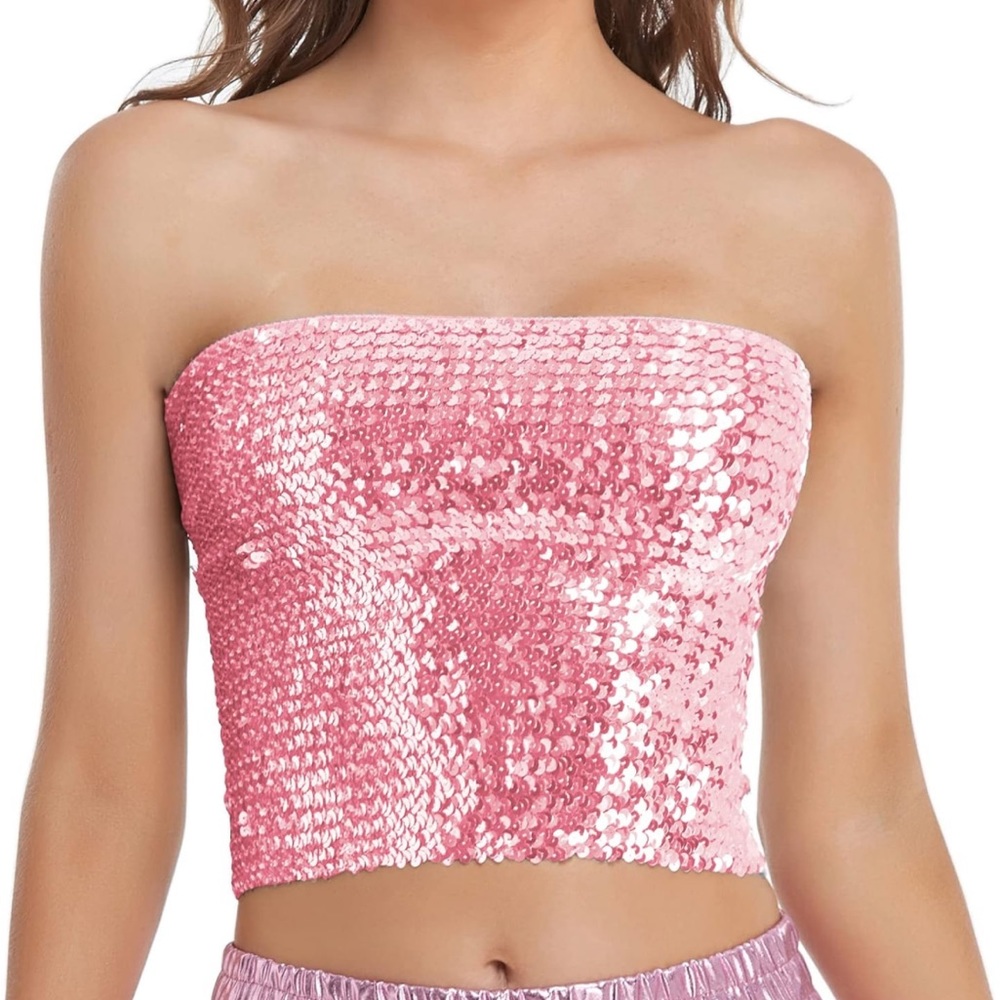 Pink Sequin Crop Top Tube Top